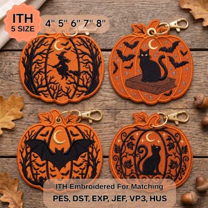 May include: Four orange pumpkin-shaped machine embroidery designs with gold lobster clasps. Designs feature black silhouettes of a witch, a cat on a book, a bat, and a cat with leaves. Text includes ITH 5 SIZE 4" 5" 6" 7" 8" and file formats.