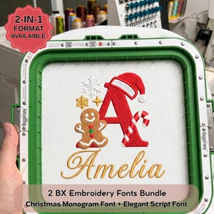 May include: A green embroidery hoop holding white fabric with a Christmas-themed design featuring a red letter A wearing a Santa hat, a gingerbread man, snowflakes, and a candy cane. The name Amelia is embroidered in gold script below the design.