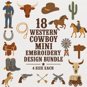 May include: A digital collection of 18 Western cowboy mini embroidery designs featuring a cowboy, bull head, hat, cactus, lasso, horse, horseshoe, saddle, windmill, signpost, boots, pistol, crossed arrows, crossed revolvers, skull, and wagon.
