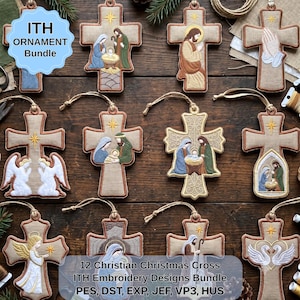 May include: A collection of 12 cross-shaped ornaments featuring machine embroidery designs of religious figures, angels, and swans. Each ornament is made of tan fabric with a hanging loop and includes text reading ITH ORNAMENT Bundle.