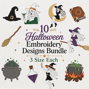 Puede incluir: Una colección digital de 10 diseños de bordado de Halloween con brujas, calderos, una escoba, un libro de hechizos y frascos de pociones. El texto dice 10 Halloween Embroidery Designs Bundle 3 Size Each, en morado y verde.