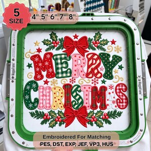 Frohe Weihnachten! Applikations-Stickmuster mit roten Schleifen und Patchwork-Buchstaben für Shirts für Mama, Lehrerin und Familie sowie für Weihnachtskissen.