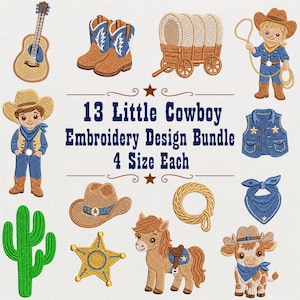 Puede incluir: Un paquete de diseños de bordado digital con 13 iconos de temática western que incluyen una guitarra, botas de vaquero, una carreta, un vaquero con lazo, un chaleco, un cactus, una estrella de sheriff, un caballo, un ternero y un pañuelo.