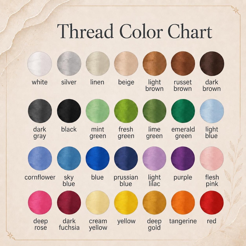May include: A Thread Color Chart displaying twenty-eight circular color swatches arranged in four rows of seven. Each circle is labeled with its corresponding color name, including white, silver, linen, beige, brown shades, greens, blues, and reds.