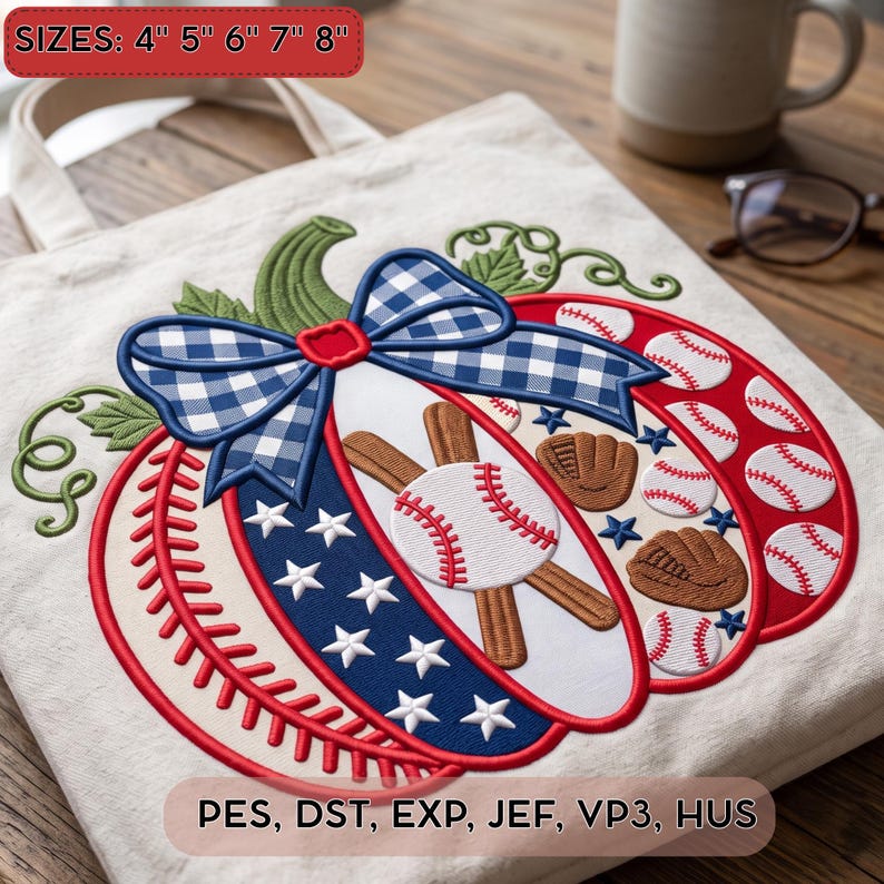 Baseball Pumpkin Applique Embroidery Design, Gingham Bow for Baseball ...