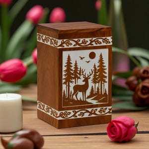 Urna de cremación de madera con diseño de ciervos en el bosque: caja conmemorativa artesanal con escenas de la naturaleza, urna grabada personalizada para cenizas humanas o de mascotas.