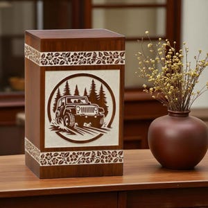 Adventure Jeep Engraved Wooden Urn Box – Sheesham Wood Cremation Urn for Ashes – Off-Road Forest Design – Personalized Memorial Box