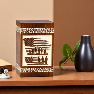 American Flag Cremation Urn for Ashes | Handcrafted Sheesham Wood Urn | Military Memorial Box for Soldiers & Veterans