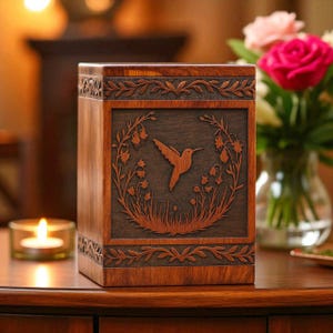 Hummingbird Wooden Urn for Ashes | Handcrafted Cremation Box | Floral Engraved Memorial Urn | Funeral Keepsake for Loved One