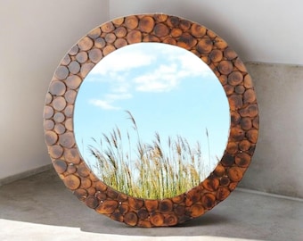 Rustic Wood Slice Wall Mirror: Handmade Boho Farmhouse Decor