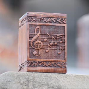 Musical Notes Wooden Cremation Urn | Handmade Ashes Box | Music-Themed Memorial Keepsake