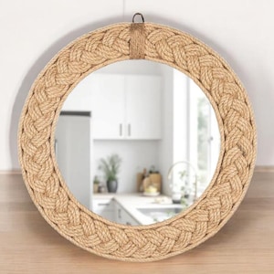 Handmade Round Jute Wall Mirror – Coastal Boho Home Decor – Rustic Rope Frame Mirror for Living Room or Bathroom