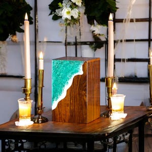 Handmade Wooden Urn with Ocean Wave Resin Art | Cremation Urn for Human Ashes | Memorial Box | Funeral Keepsake | Coastal Design