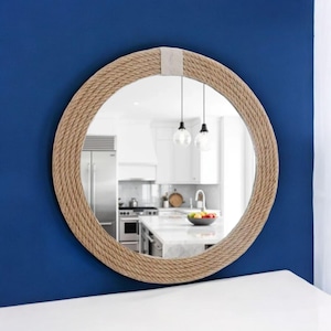 Specchio da parete rotondo rustico con corda – Specchio con cornice in iuta nautica per bagno, soggiorno o ingresso – Decorazione da parete in stile boho-costiero