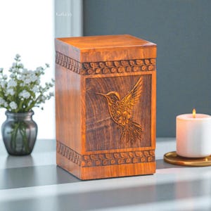 Hummingbird Engraved Wooden Urn for Ashes – Handcrafted Memorial Box – Personalized Cremation Urn for Human or Pet Remains