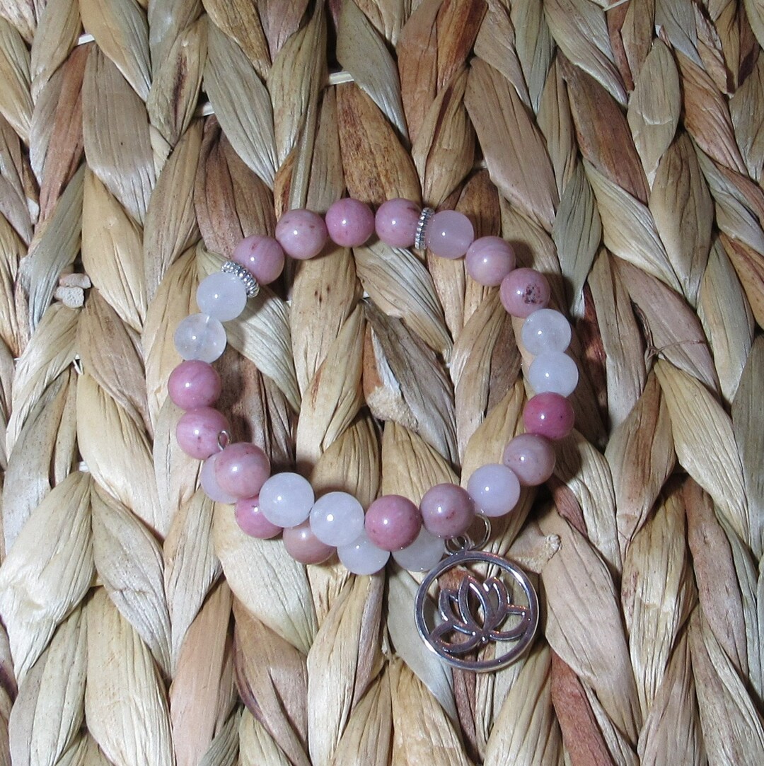 Rhodochrosite Jade and Rose Quartz Bracelet With Lotus Charm Etsy UK