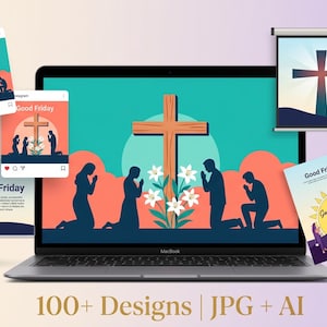 May include: A laptop displays a graphic of a wooden cross, figures in prayer, and lilies. The words "Good Friday" appear on the screen and on several printed cards. The image also includes social media mockups and a projector screen.