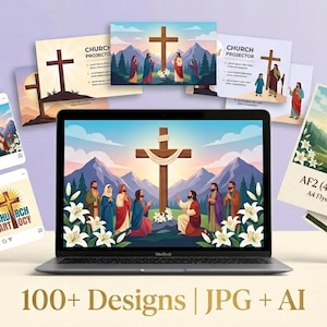May include: A laptop displays a religious scene with a large cross, surrounded by figures. The image is accompanied by flyers and social media posts featuring similar designs. The text "100+ Designs | JPG + AI" is visible.