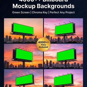 Peut inclure: Image composite de maquettes de panneaux d'affichage avec écrans verts sur fond de paysage urbain au coucher du soleil. Le texte indique "4000++ Billboard Mockup Backgrounds" et "Green Screen | Chroma Key | Perfect Any Project". Un graphique en forme d'étoile dorée indique "4000++ Files Included".