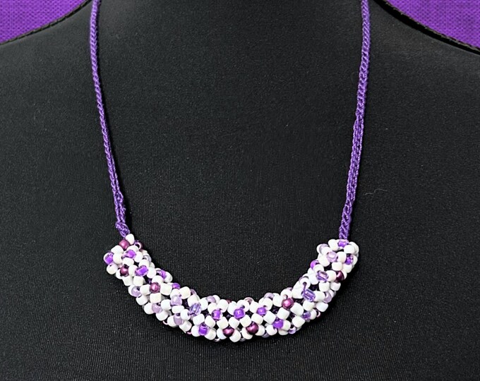 Crocheted Necklace Purple and White Glass Beads and Cotton Thread