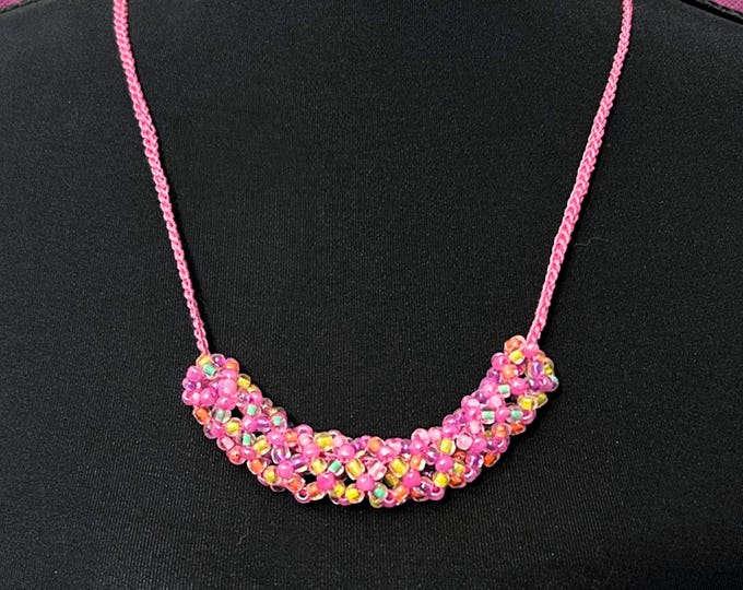 Pink Crocheted Necklace with Seed Beads and Thread Safe for Metal Allergies