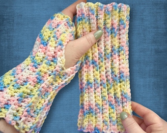 L/XL Wrist Warmers Pastel Pink Blue Yellow White Crocheted Fingerless Gloves Plus Size