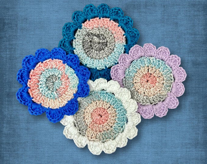 Cotton Flower Coaster Set Blue Purple Teal White Crochet Home Decor Housewarming Gift