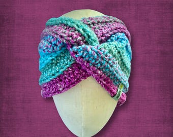 Adult XL/XXL Ear Warmer Teal Blue Mulberry Purple Crocheted Winter Headband Plus Size