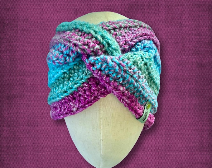 Adult XL/XXL Ear Warmer Teal Blue Mulberry Purple Crocheted Winter Headband Plus Size