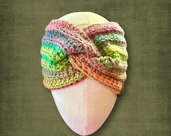 Adult M/L Earth Tone Ear Warmer Headband Knotted Crochet Green Yellow Orange Brown