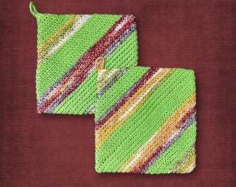 Pair of Crochet Cotton Pot Holders Green and Maroon Kitchen Decor