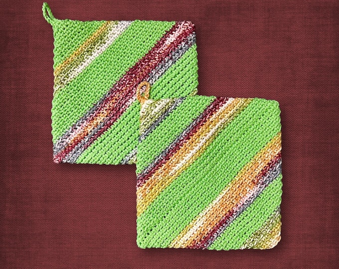 Pair of Crochet Cotton Pot Holders Green and Maroon Kitchen Decor