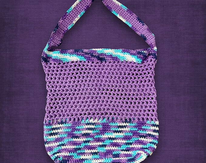 Mesh Crochet Market Bag Soft Purple Multicolor Stretchy Grocery Tote