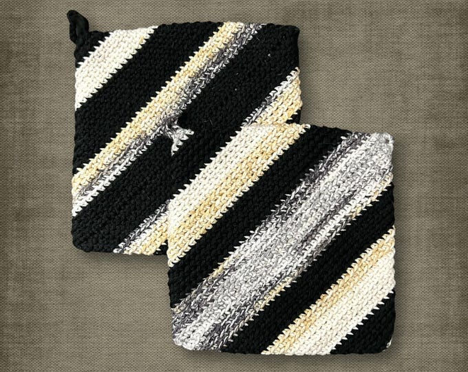 Crochet Pot Holder Set 100% Cotton Heat Resistant Black White Gold Housewarming Gift
