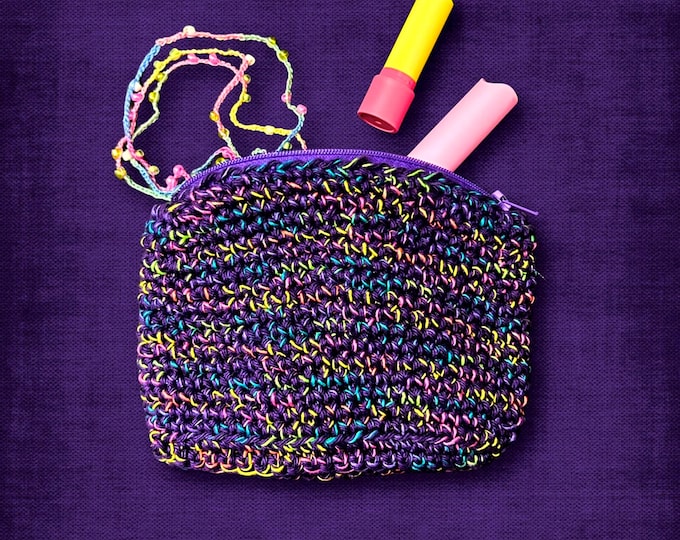 Small Makeup Bag for Purse Purple Clutch Confetti with Zipper Colorful Neon Highlights