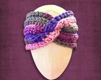 Adult M/L Ear Warmer Crocheted Headband Purple Pink Gray Valentine's Day