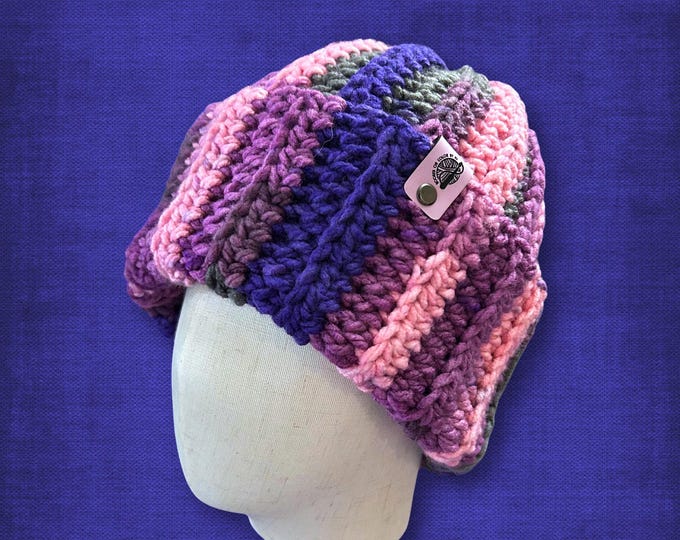 Adult L/XL Pink Purple Gray Hat Soft Thick Winter Beanie Plus Size