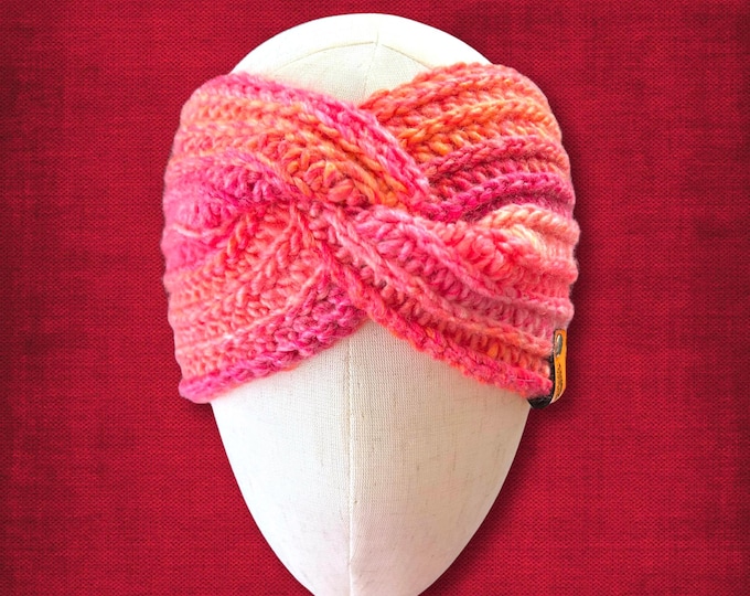 Adult M/L Ear Warmer Crocheted Winter Headband With Knot Bright Pink Neon Orange