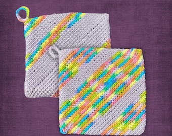 Purple Rainbow Cotton Pot Holder Set Double Layer Crocheted Yarn Kitchen Accessory