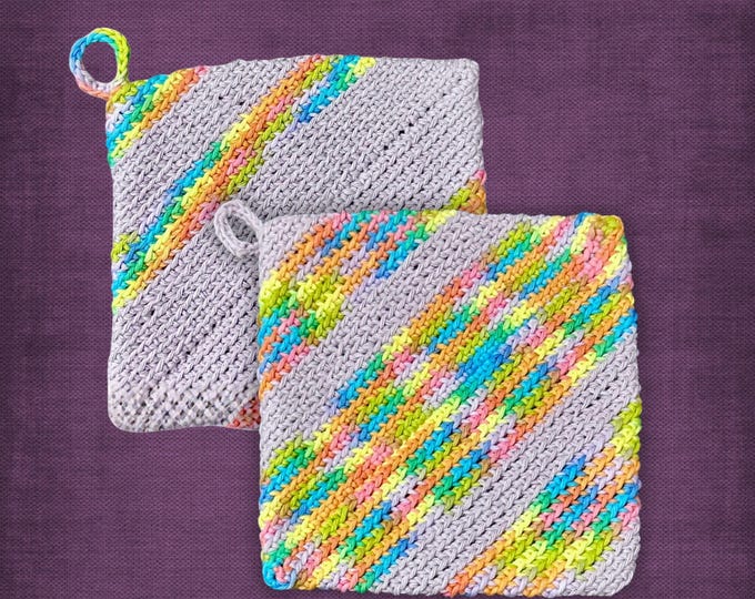 Purple Rainbow Cotton Pot Holder Set Double Layer Crocheted Yarn Kitchen Accessory
