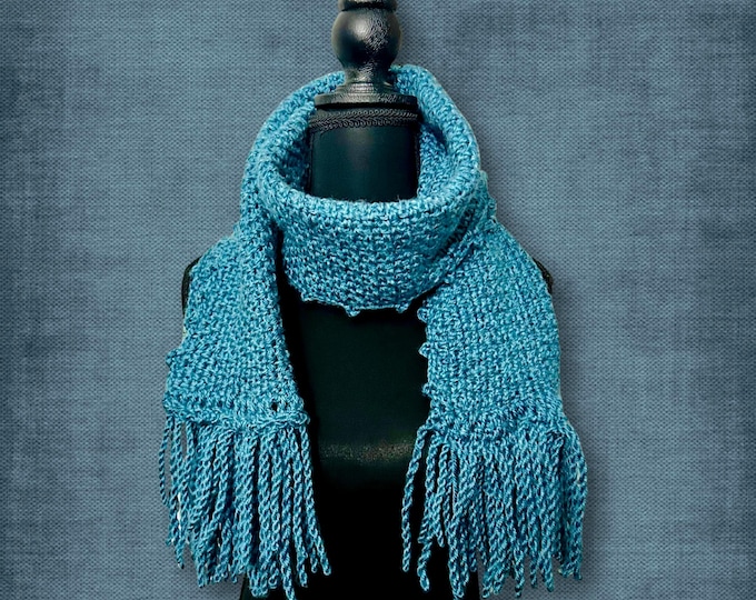 Deep Blue Sea Winter Scarf with Twisted Fringe Crocheted Machine Washable