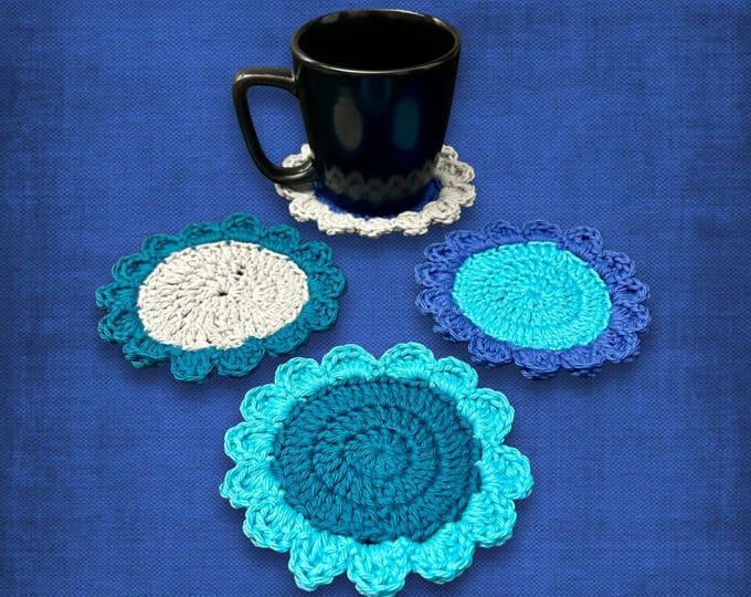 Coaster Set Blue Teal Gray Flowers Crochet Cotton Turquoise Housewarming Gift