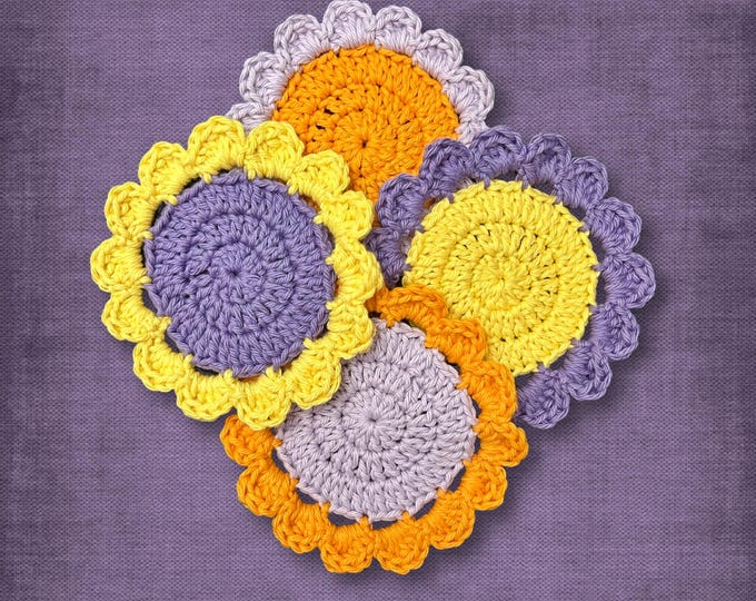 Flower Coaster Set in Yellow Orange Purple Absorbent Cotton Crochet Yarn Housewarming Gift