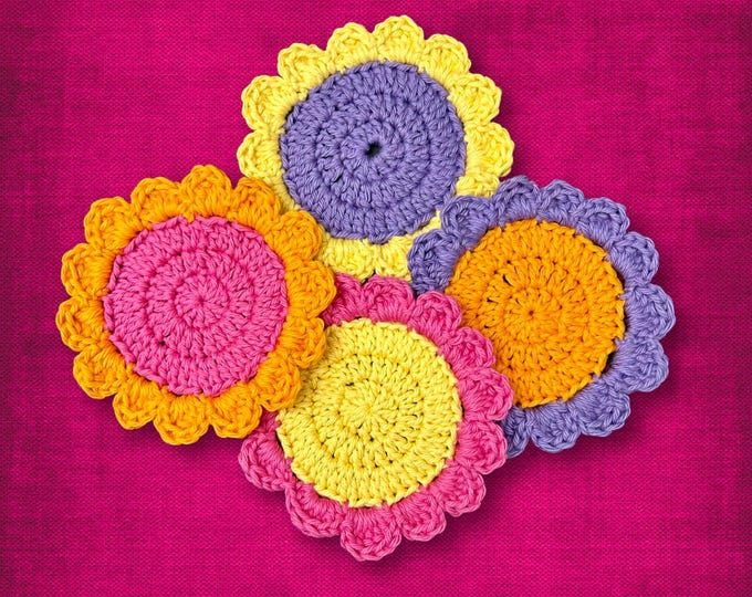 Bright Flower Coaster Set Floral Home Decor Pink Yellow Orange Purple Crocheted Cotton