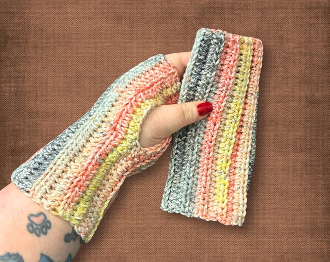 L/XL Wrist Warmers Soft Fingerless Gloves in Rose Pink Light Yellow Gray