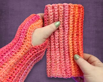 L/XL Wrist Warmers Hot Pink Neon Orange Crocheted Fingerless Gloves Plus Size