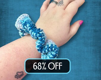 90's Retro Scrunchie White Teal Navy Blue Cotton Yarn XL Thick Hair Tie