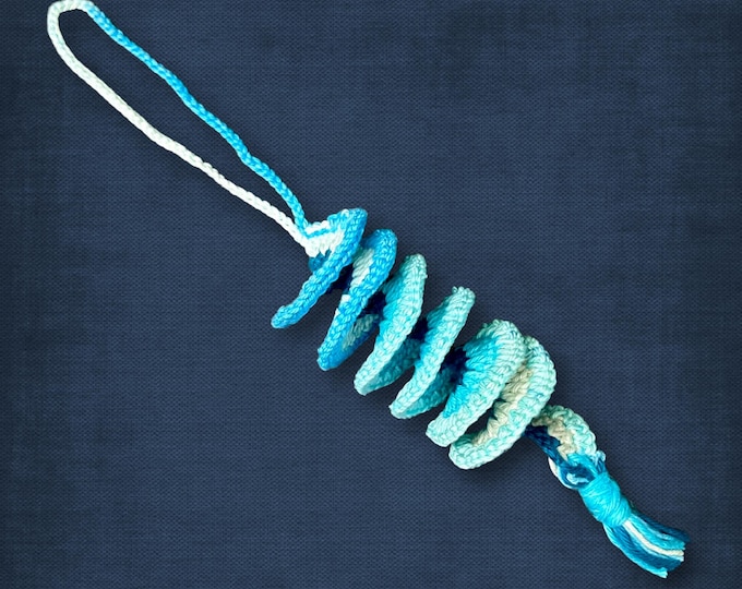 Cat Spinner Toy Crocheted Cotton Blue and White Yarn Tassel with Hanging Hoop