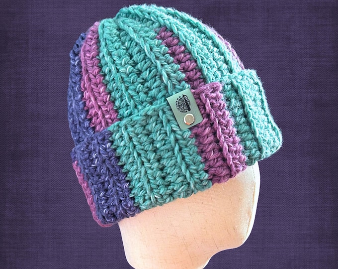 Adult L/XL 80's Throwback Colors Turquoise Mulberry Purple Winter Hat Stretches