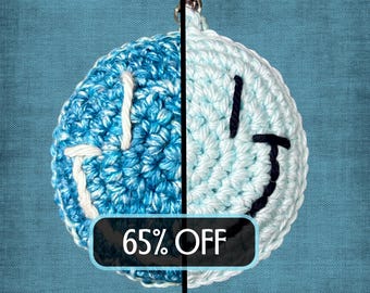 Bag Charm Double Sided Smile Emoji Blue Purse Clip Cotton Retro 70s Funny Gift